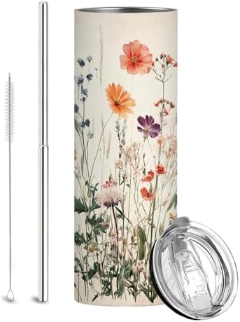 Firmiso Wildflower Tumbler 20oz, Floral Skinny Cup with Lid and Straw
