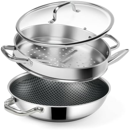 SLOTTET Hybrid 12-Inch Wok with Steamer,Nonstick Stainless Steel Woks & Stir-fry pans with Lid,Stay-Cool Handle,PFOA Free Cookware,Dishwasher and Oven Safe, Works on Induction