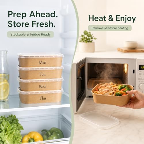 50 Disposable Meal Prep Containers 29oz Kraft Paper Bowls with Lids &