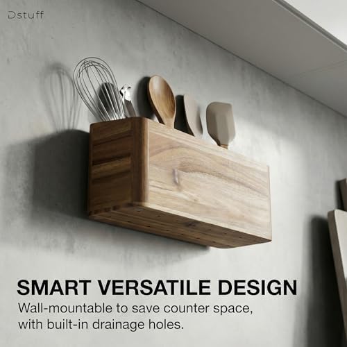Dstuff Wooden Utensil Holder for Kitchen Counter - Extra Large Kitchen Utensils Holder & Organizer for Countertop - Acacia Wood Cooking Spoon Holder Crock (4 Compartments)