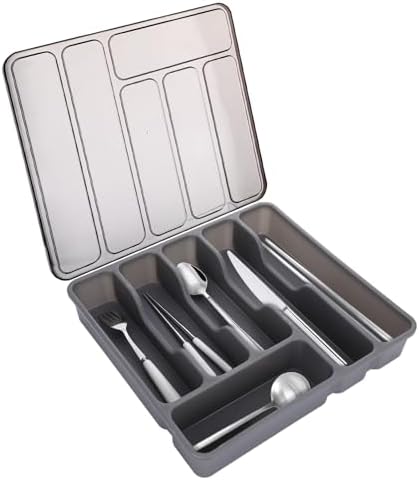 Gray Silverware Organizer with Lid, 6 Compartments