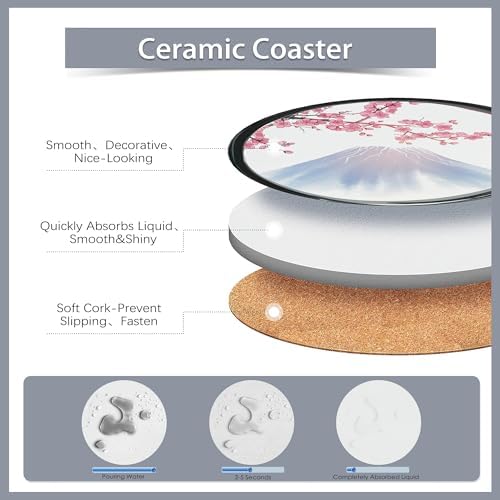Drink Coasters Set of 6 with Holder,Japanese Cherry Blossom and
