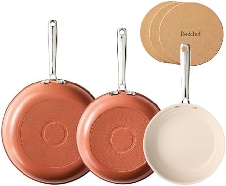 Redchef Nonstick Ceramic Frying Pan Set, Induction Compatible Skillets with Stay Cool Handles & 3 Cork Storage Pads,PFOA PFAS PTFE Free, All stovetop suitable, Oven Safe, Pumpkin Orange（8+9.5+11"）