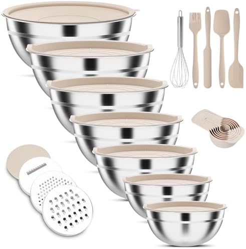 Stainless Steel Mixing Bowls Set with Lids & 3 Grater Attachments