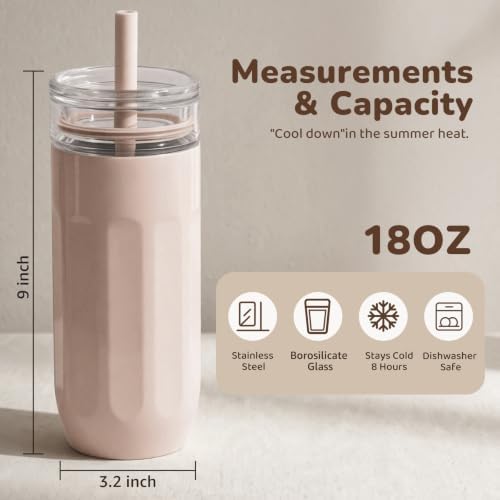 chunmo 18 oz Vacuum Insulated Glass Tumbler with Straw Lid & Spout Lid