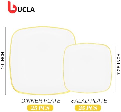 bUCLA 50PCS White and Gold Plastic Plates Disposable - Square Gold