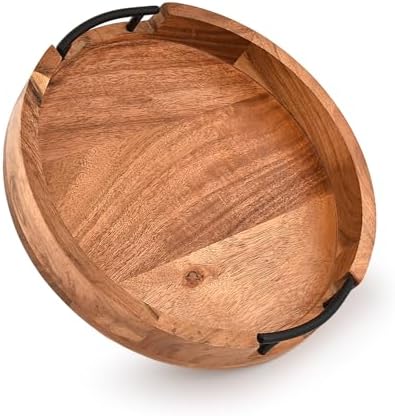 Tray Acacia Wood Round Serving Tray with Iron Handles for Coffee Table