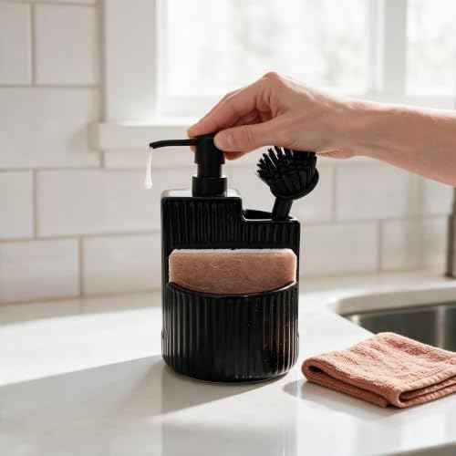 RQYIXI 3-in-1 Ceramic Round Soap Dispenser with Sponge Holder,Black,18