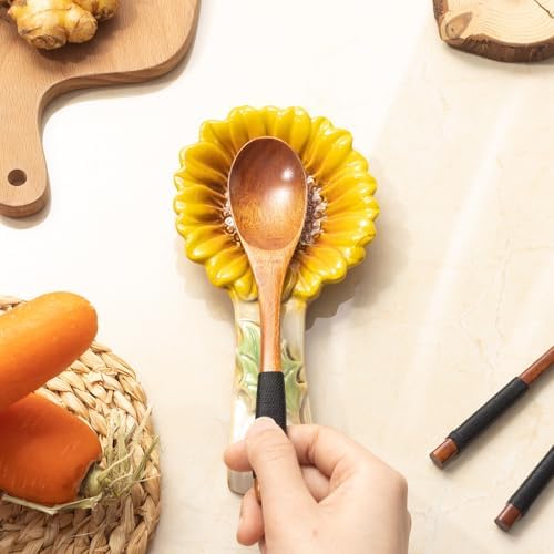 2 Pack Spoon Rest for Stove Top, Sunflower Ceramic Spoon Holder for