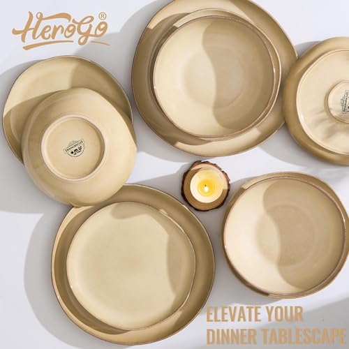 Herogo Dinnerware Sets for 8, 24pcs Stoneware Dinner Dish Set, Irregular Handmade Plates and Bowls Dishware, Microwave & Dishwasher Safe, Cream Khaki
