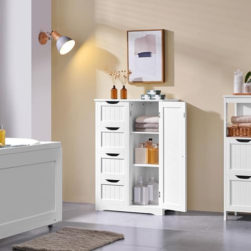 Yaheetech Small Bathroom Storage Cabinet with 4 Drawers & Door, White