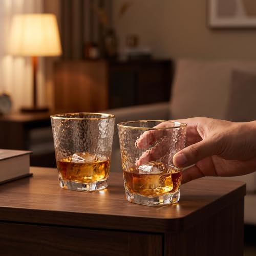 Whiskey Glasses Gift Set of 2, 12 oz Gold Rim Hammered Triangle