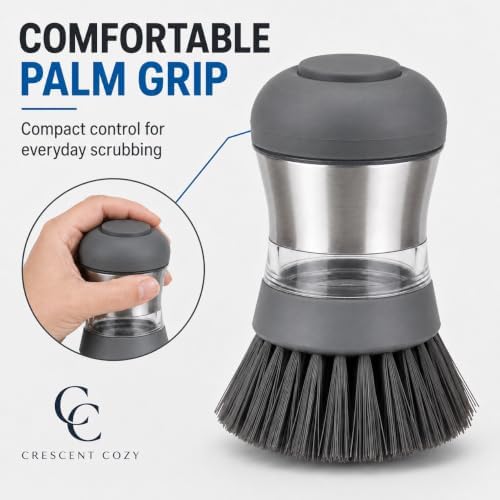 Soap Dispensing Palm Dish Brush, Stainless Steel, Gray