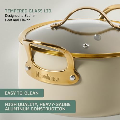 Bloomhouse 15-Piece Ceramic Nonstick Cookware Set, Two Time Oprah's Favorite Things, Heavy-Gauge Aluminum Pots and Pans Set, PFAS & PFOA & PTFE Free Ceramic Cookware, Oven Safe to 500°F, Almond Cream