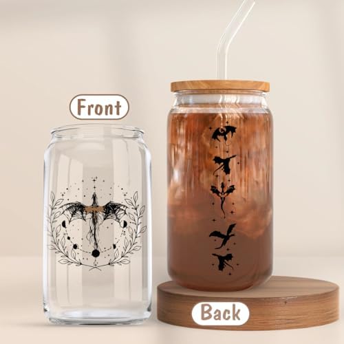 Fantasy Book Lover 16oz Glass Cup with Lid and Straw, Wing Glass