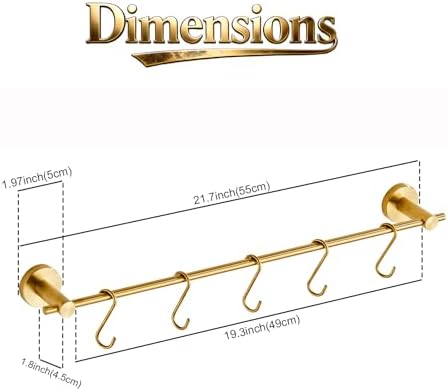 NEWRAIN Pot Rack Wall Mounted, 21 inch Hanging Pot and Pan Hanger, Stainless Steel Kitchen Rail Coffee Mug Rack with 10 S Hooks,Brushed Gold