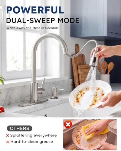 WOWOW Kitchen Faucet with Soap Dispenser, Brushed Nickel