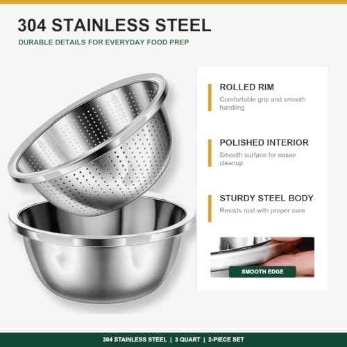 304 Stainless Steel Microporous Colander Set - 3QT Large Capacity Kitchen Strainer, Dishwasher Safe for Vegetable/Fruit/Rice Washing & Cooked Pasta Draining （2PC)