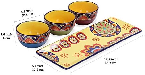 Bico Vintage Tunisian Ceramic Dipping Bowl Set (9oz bowls with 14 inch platter), for Sauce, Nachos, Snacks, Microwave & Dishwasher Safe