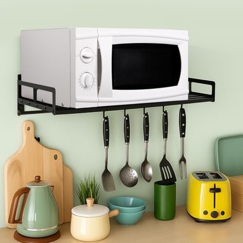 Microwave Wall Shelf, Carbon Steel Rack with Hooks for Kitchen