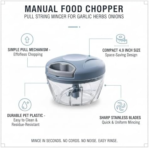 Manual Pull-String Food Chopper for Garlic, Herbs & Onions - Compact