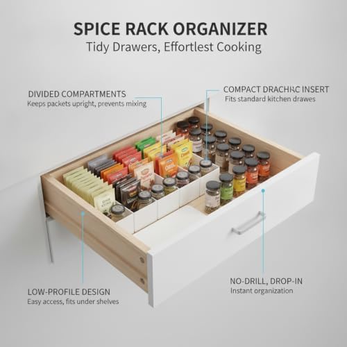 Spice Rack Organizer with Dividers, Compact Drawer Insert for