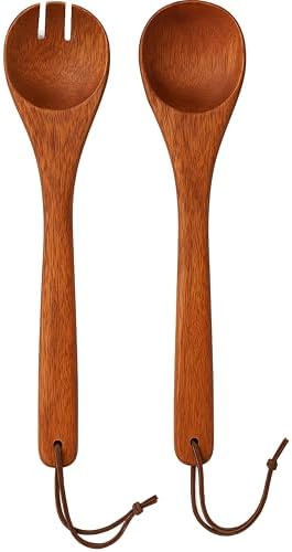 Woodard & Charles 14" Wood Salad Servers w/Leather Strap, Cherry Stain