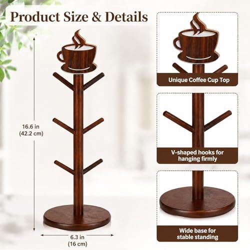 Geelin Coffee Mug Tree with 6 Hooks Holder, Wood Cup Organizer for