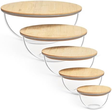 Vtopmart 5 Pack Glass Mixing Bowls with Bamboo Lids, Nesting Set