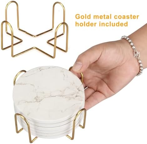 White Marble Coasters Set of 6 Absorbent Ceramic Cute Drink Coaster