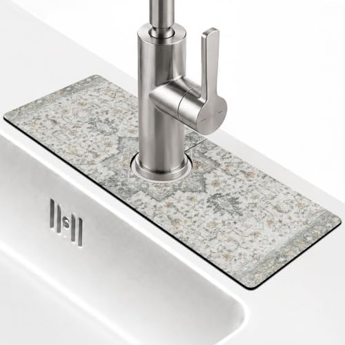 Boho Kitchen Sink Splash Guard Faucet Mat,Vintage Grey Modern