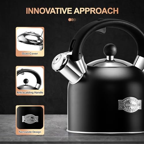 SUSTEAS 3.17QT Black Stainless Steel Whistling Tea Kettle