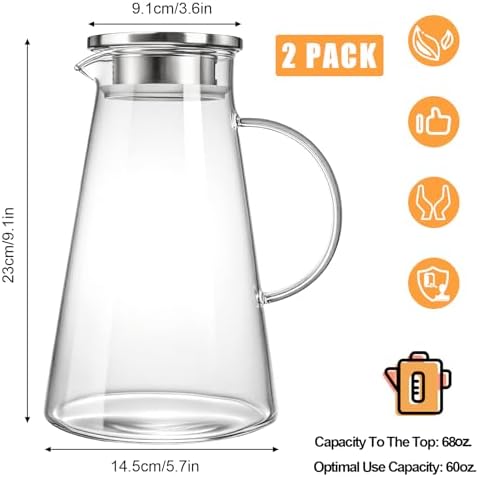 Nicunom 2 Pack 68 oz Glass Pitcher with Lid, BPA-Free Glass Water Jug