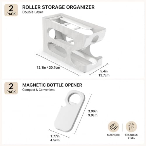 2-Pack Rolling Can Organizer for Refrigerator, Bottle Opener