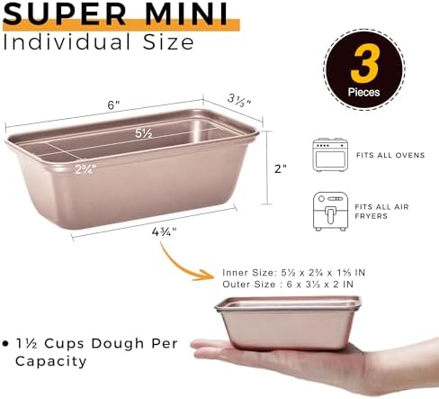 HONGBAKE Mini Loaf Pans for Baking, Nonstick Small Bread Pans of 3, 6