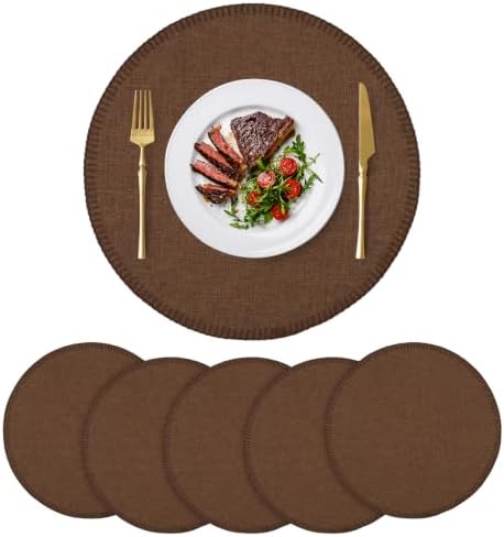 15" Round Placemats Set of 6, Faux Linen Cloth Place Mats, Coffee