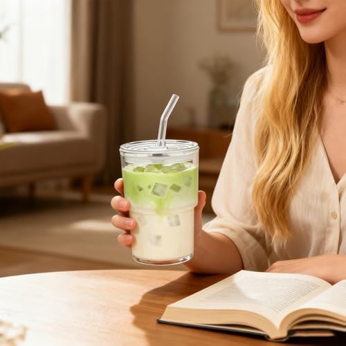 13oz Glass Tumbler with Straw and Lid, Leak Proof Iced Coffee Cup