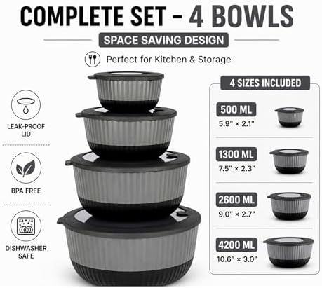 Dora Plastic Mixing Bowls with Lids, 8-Piece Airtight Leak-Proof