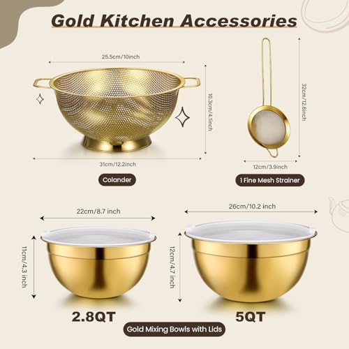 LemonRoad 6 Pcs Gold Kitchen Accessories Set Gold Mixing Bowls &
