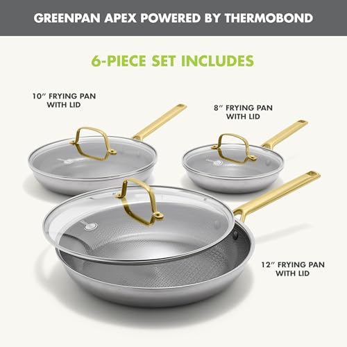 GreenPan Hybrid 6 Piece (8",10" & 12") Stainless Steel Skillets with Lids
