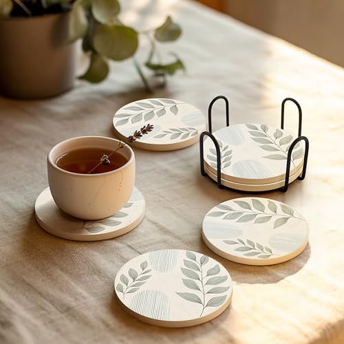 VEYRO Absorbent Ceramic Stone Drink Coasters Set of 6 with Holder