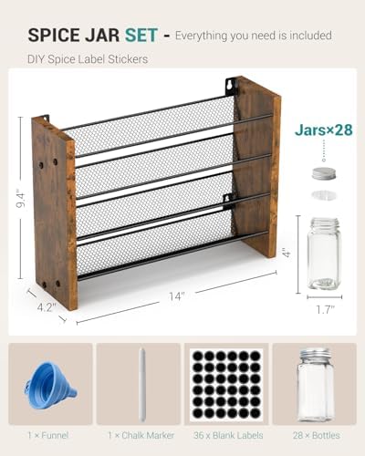 Spice Rack Organizer with 28 Glass Jars, for Cabinet Wall Mount