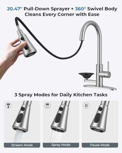 Kitchen Faucet with Glass Rinser, Pull Down Sparyer, 3 Water Modes