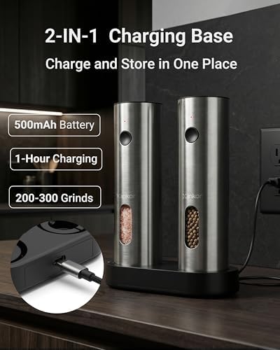 Rechargeable Electric Salt and Pepper Grinder Set with Charging Base