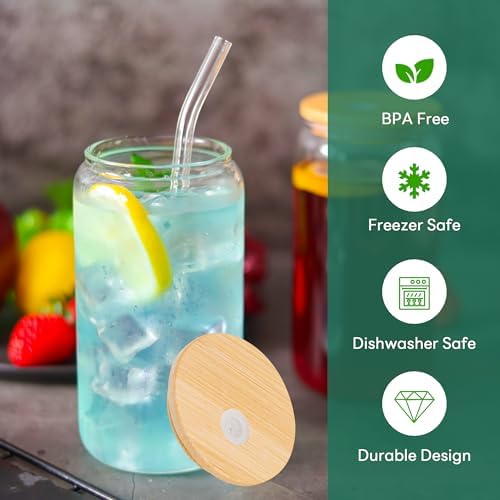 Joyclub 20Pcs Glass Cups with Bamboo Lids and Straws Bulk 16 oz Can