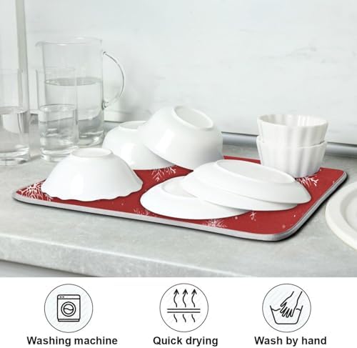 OTVEE Snowflake in Red Tone Dish Drying Mat for Kitchen Counter