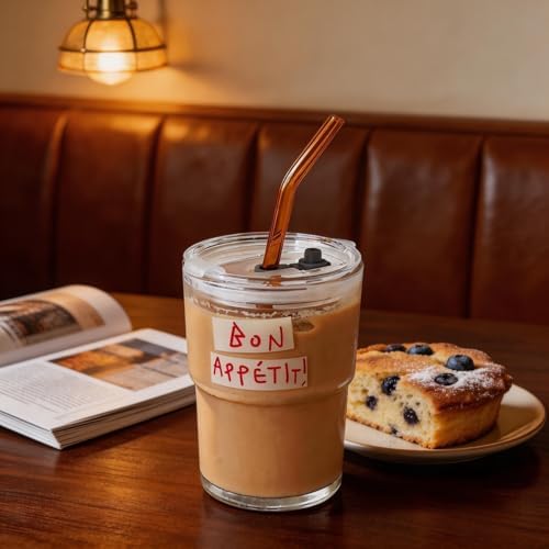 Olvini 13oz Glass Tumbler with Straw and Lid, Reusable Iced Coffee Cup