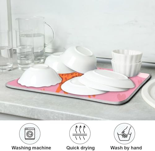 OTVEE Pink Giraffe Art Dish Drying Mat for Kitchen Counter Absorbent
