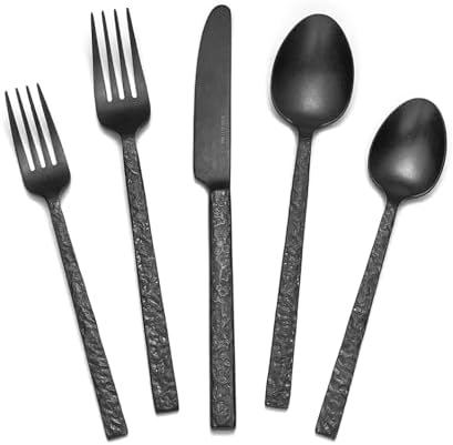20 Pcs Black Hammered Silverware Set for 4, 18/10 Stainless Steel