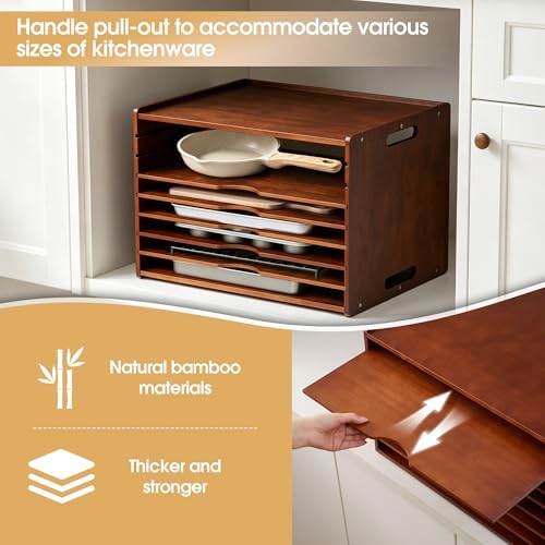 8-Tier Baking Sheet Organizer for Cabinet, 17 x 12 x 14 in Wooden Tray Divider Rack, Bamboo Cutting Board, Pan, Tray and Cookie Sheet Organizer for Kitchen Storage